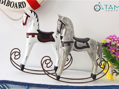 Bập bênh ngựa gỗ trang trí chân kiềng sắt W-NGUA-02